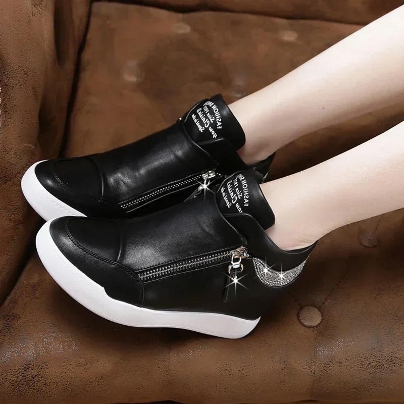 Fashion 2024 Hot Sale Women Wedge High Top Sneakers Zipper PU Leather Casual Shoes Sequins Thick Bottom White Internal Heighten