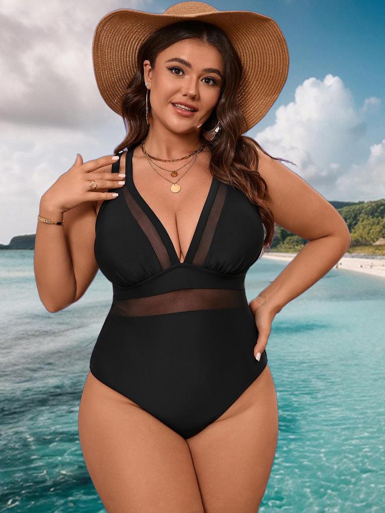 Maillot de bain une pièce en résille taille plus à décolleté plongeant avec contrôle du ventre et dos ouvert