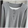 Fake Two-Piece Long Sleeve T-Shirt Loose Slim Base Top For Early Autumn Stretchy Slim Base Layer Soft Ribbed Fabric Good For Inner And Outer Wear Top