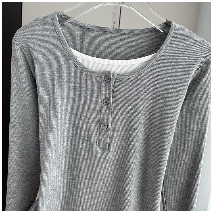 Fake Two-Piece Long Sleeve T-Shirt Loose Slim Base Top For Early Autumn Stretchy Slim Base Layer Soft Ribbed Fabric Good For Inner And Outer Wear Top