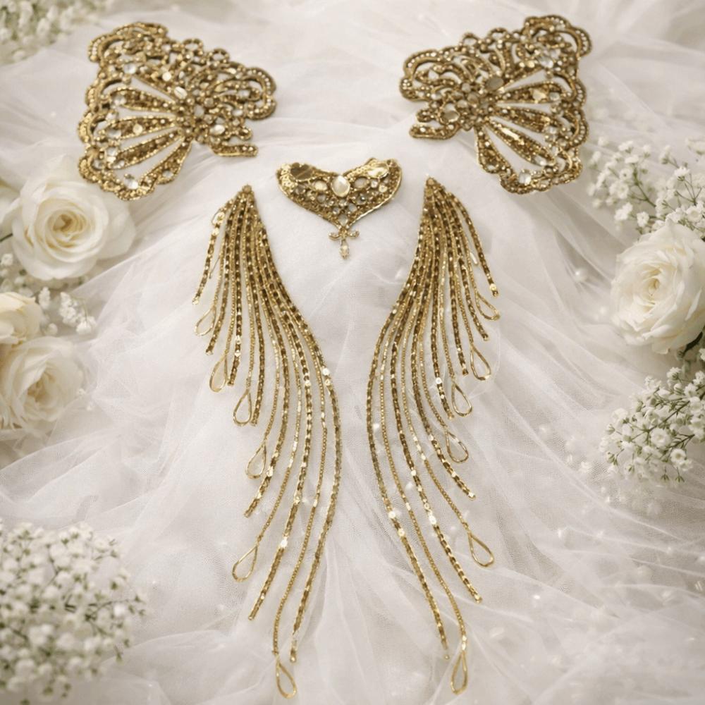 1 Set Gold Silver Sequin Lace Fabric Patch Embroidered Tassel Sequined Patch Bodice Collar Applique Elegant Organza Trim