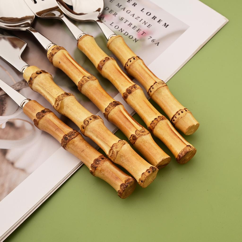 16 PCS Bamboo Handle Flatware Set, Stainless Steel Silverware Set for 4, Knives Forks Spoons and Tea Fork Set, Use For Home Kitchen Party and Travel