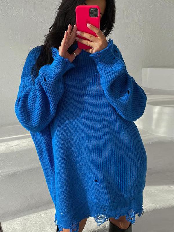 Women's Autumn/Winter Solid Color Ripped Knit Sweater Dress - Round Neck, Long Sleeve, Mid-Length Pullover