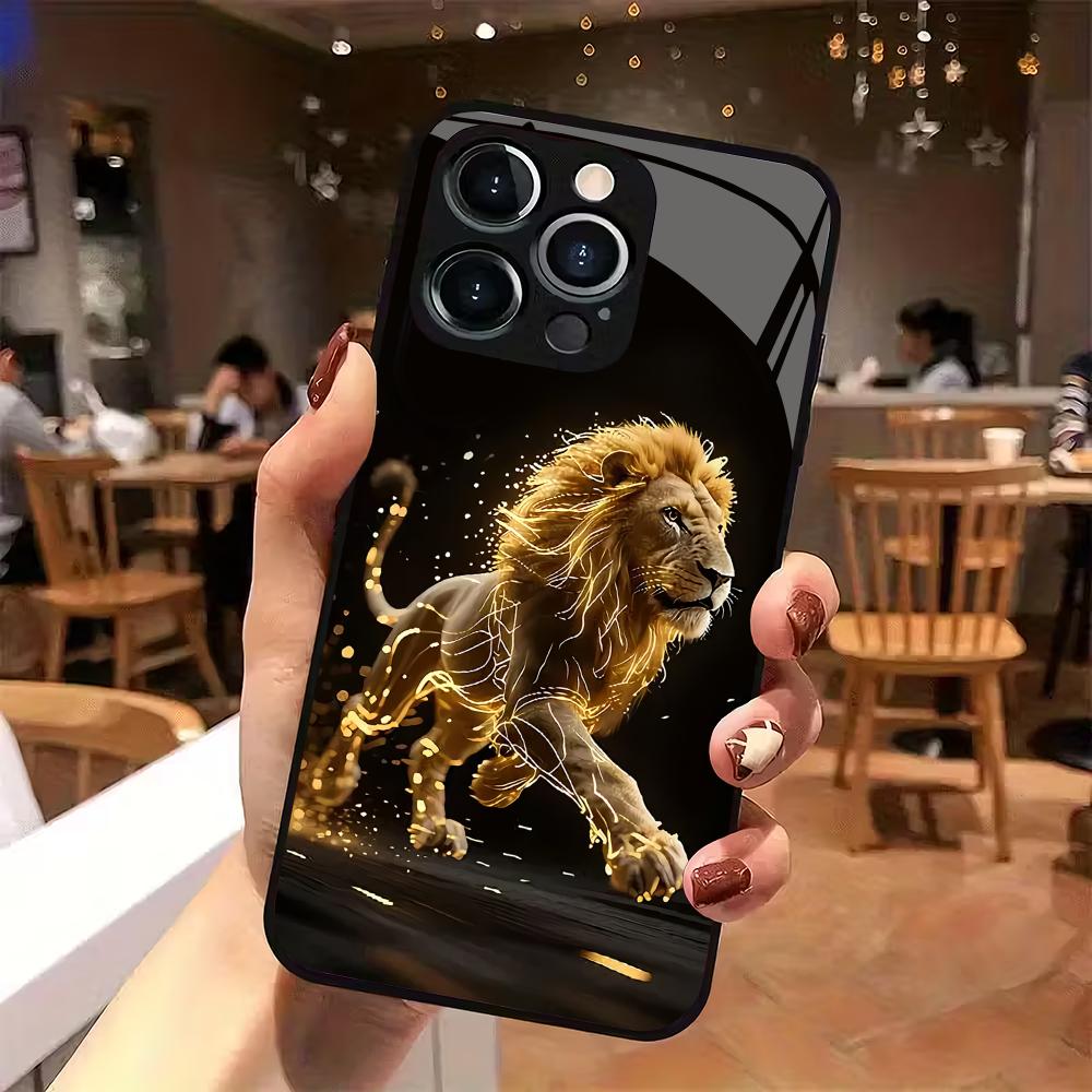 Goldenes Löwenmuster gehärtetes Glas Handyhülle geeignet für iPhone 17 16 15 14 13 12 11 Pro/Max/Plus sturzsichere Rückabdeckung