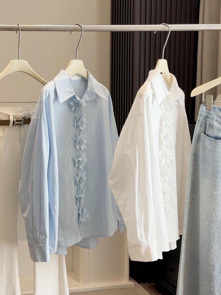 Elegant French 3D Floral Lapel White Shirt for Women - Spring Style, Loose Fit, Long Sleeve, Mid-Length Top