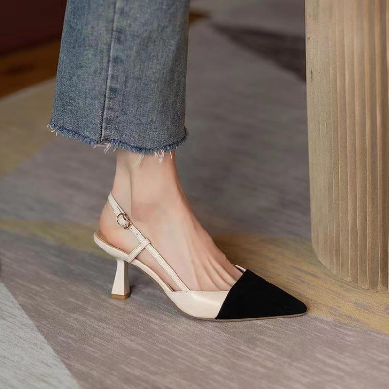 New women's shoes versatile nude pointed high heels with thick heels single shoes bag head empty sandals