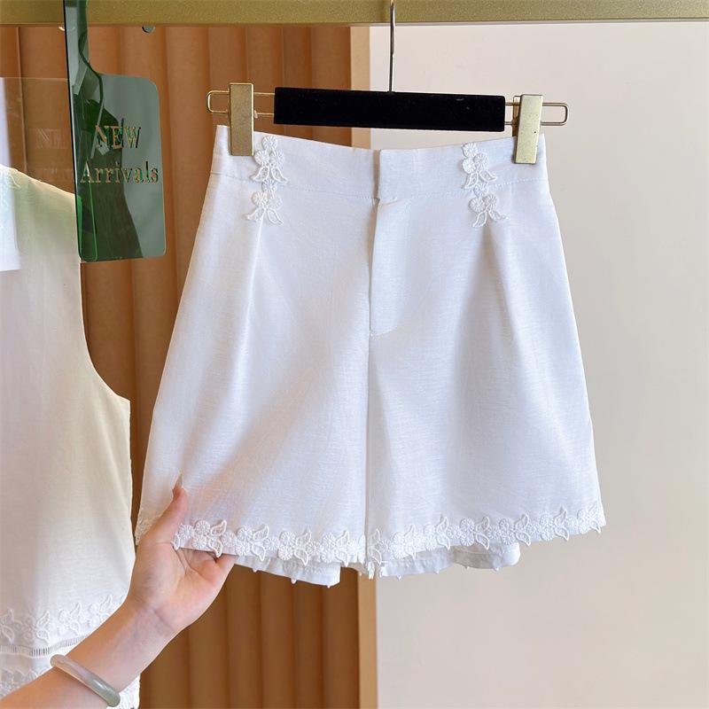 Summer 2025 Women's Chinese Style White Lace Cotton Linen Vest & Shorts Set