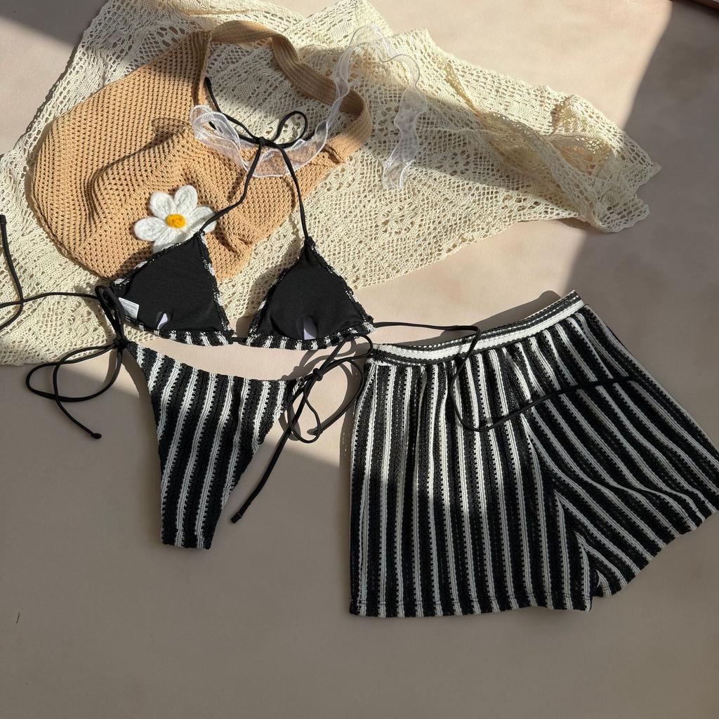 Sexy Green Orange Striped Bikini Set Women Halter Push Up High Waist Panties 3 Piece Swimsuit 2026 Summer Bathing Suit Swimwear