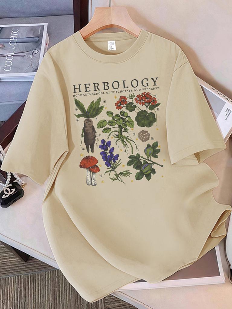 Summer T-Shirts Women Cotton Herbology Plant Composition Printed Tops O-Neck Comfortable Loose Short Sleeve Casual Woman Clothes