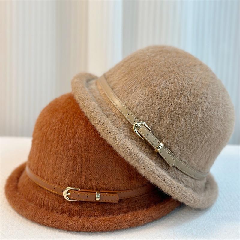 New Belt Buckle Wool Hat Women's Autumn and Winter Simple Top Hat Bucket Hat Dome Basin Hat