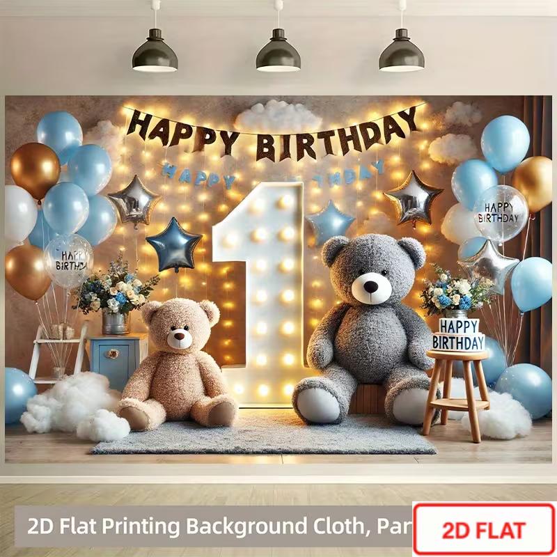 

2D First Birthday Teddy Bear Photography Background Banner with Light 47.2x31.5inch/120*80cm