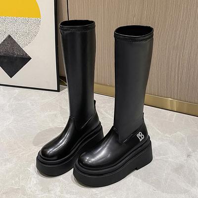 Small Man Height Increasing Thick-soled Boots Skinny Spice Girl Boots Women's Round Head Soft Leather Elastic Skinny Boots Knight Boots
