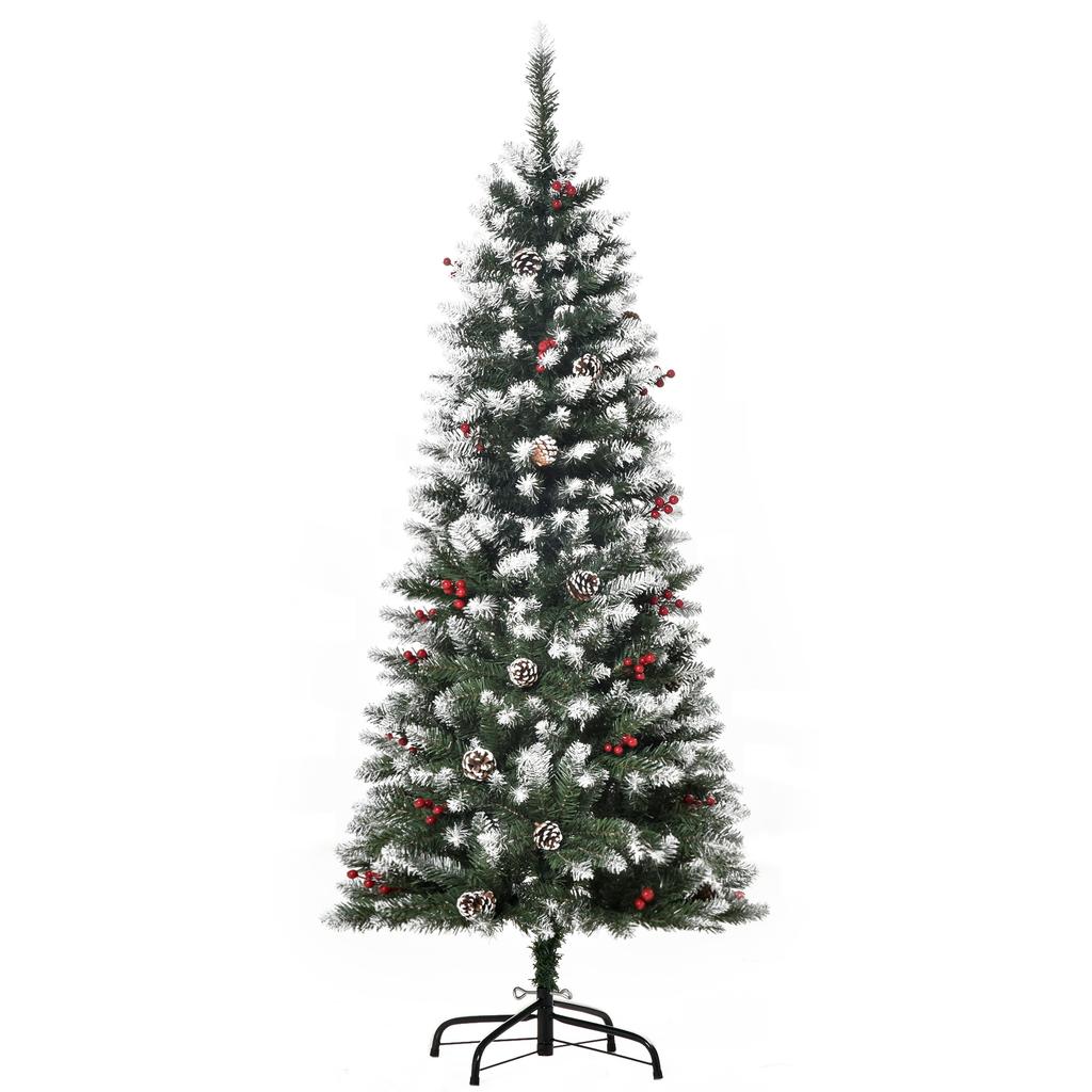 150cm Artificial Snow-Covered Christmas Tree with Red Berries and White Pine Cones, Removable Folding Base, 408 Branches