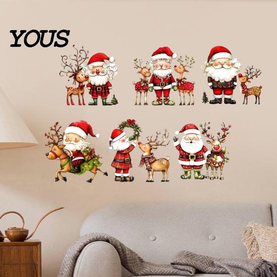 Festive Wall Decorations Christmas Stickers, Watercolor Santa Claus Reindeer Decals, Self-Adhesive Art Stickers for Living Room Bedroom Entryway