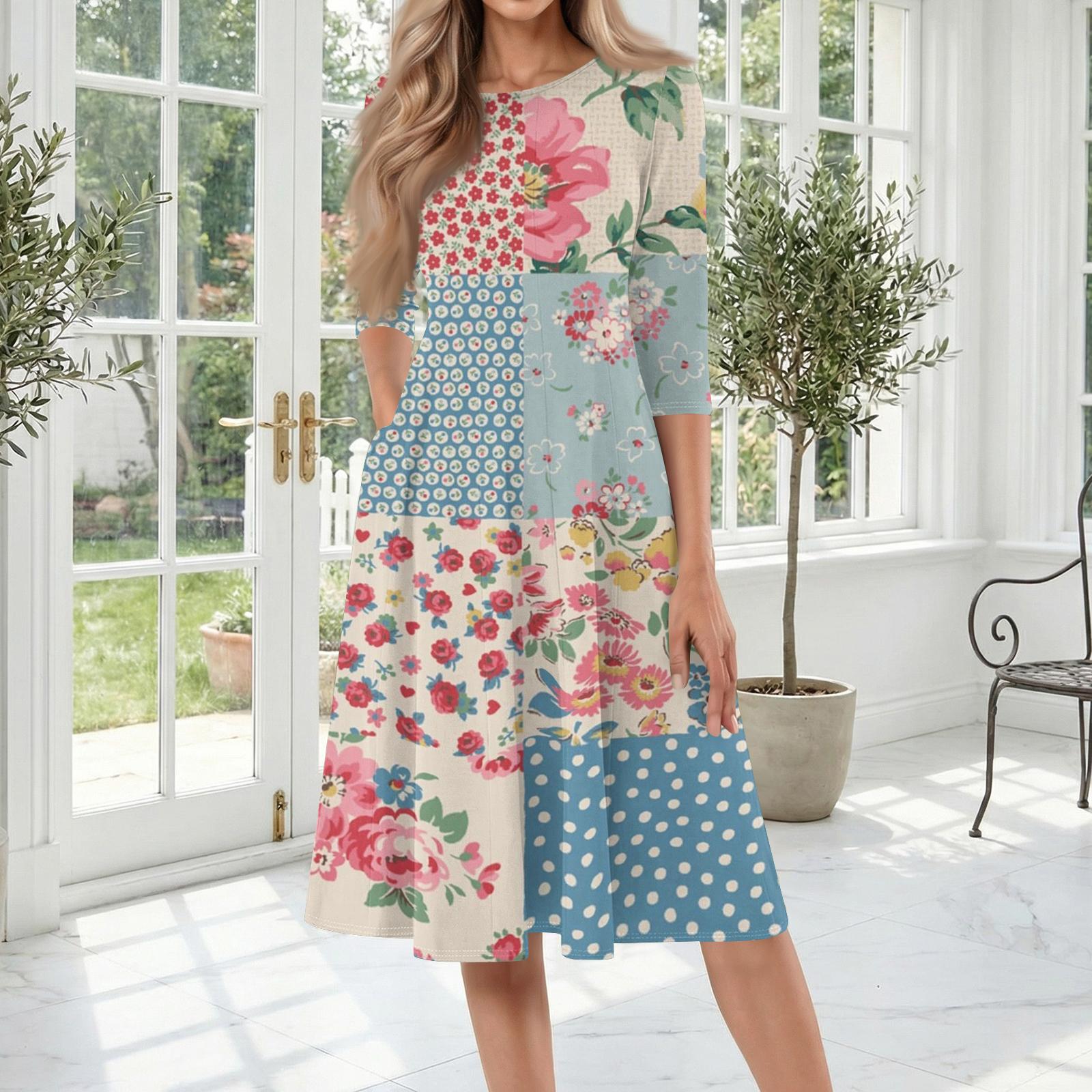 

Women s Casual Fashion Round Neck Three Quarter Sleeve Printed Midi Dress XL жовтий