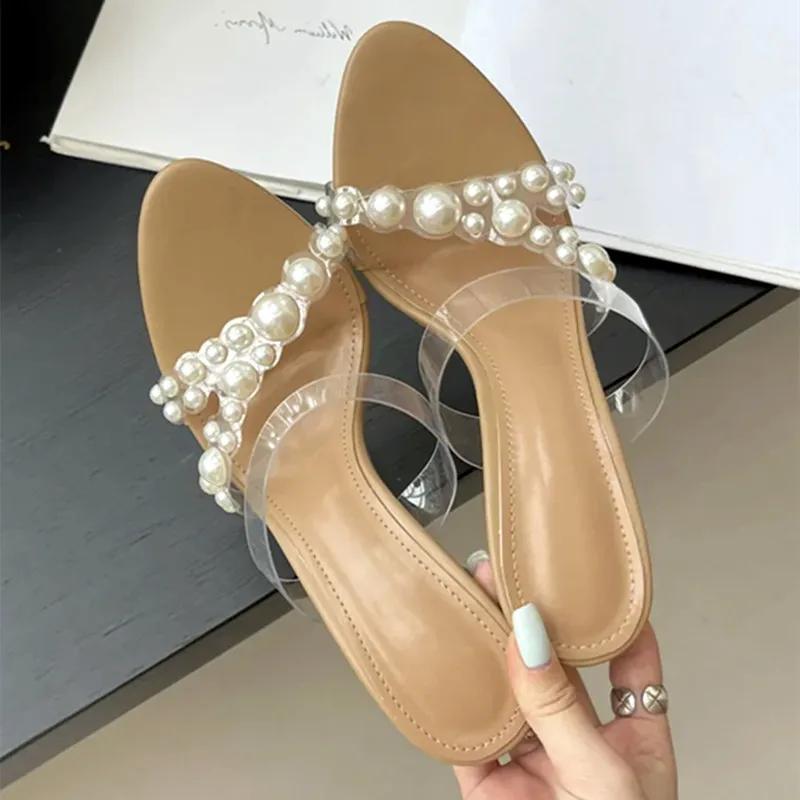 Fashion Luxury Brand Design String Bead PVC Transparent Slippers Women Summer High Heels Sandalias Fashion Open Toe Party Slide Sandals