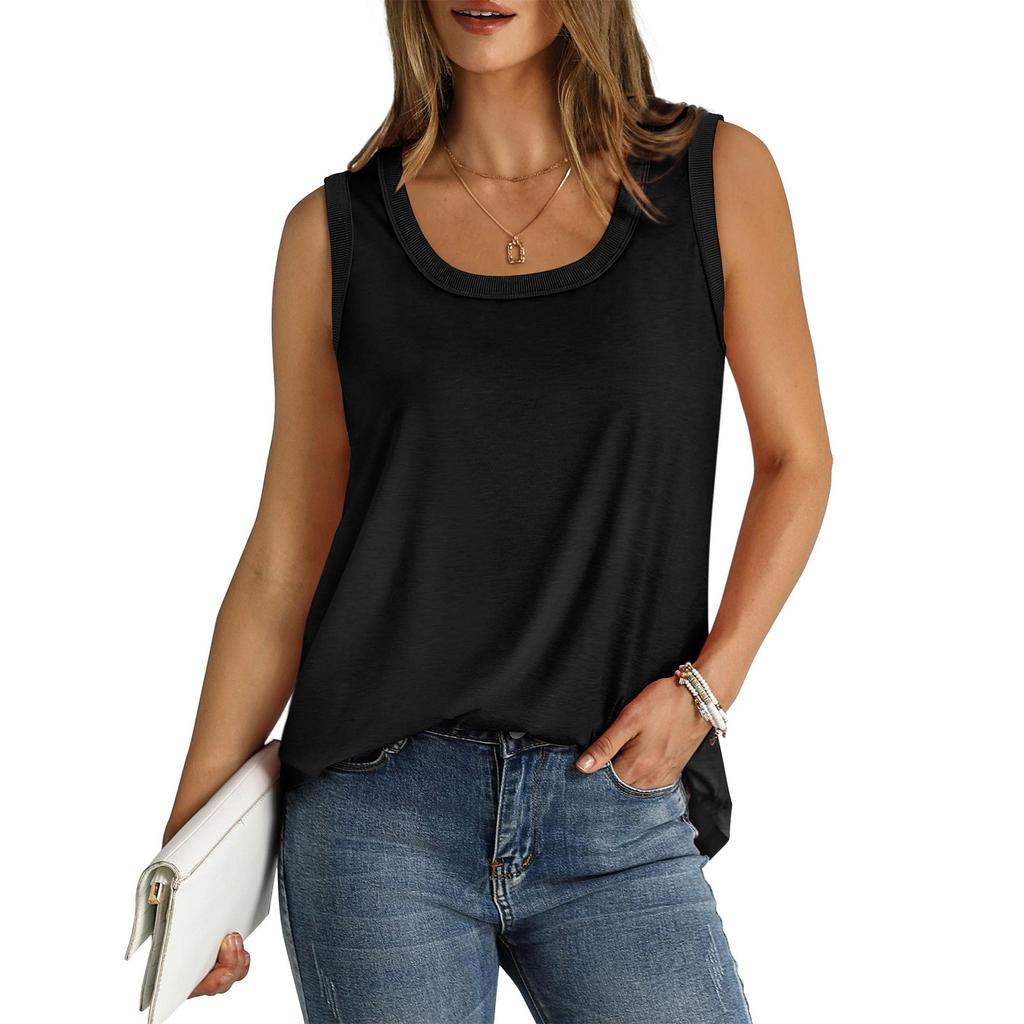 Women's Tank Top Summer Loose Sleeveless Top With Edge Large Round Neck Curved Hem Short Sleeves
