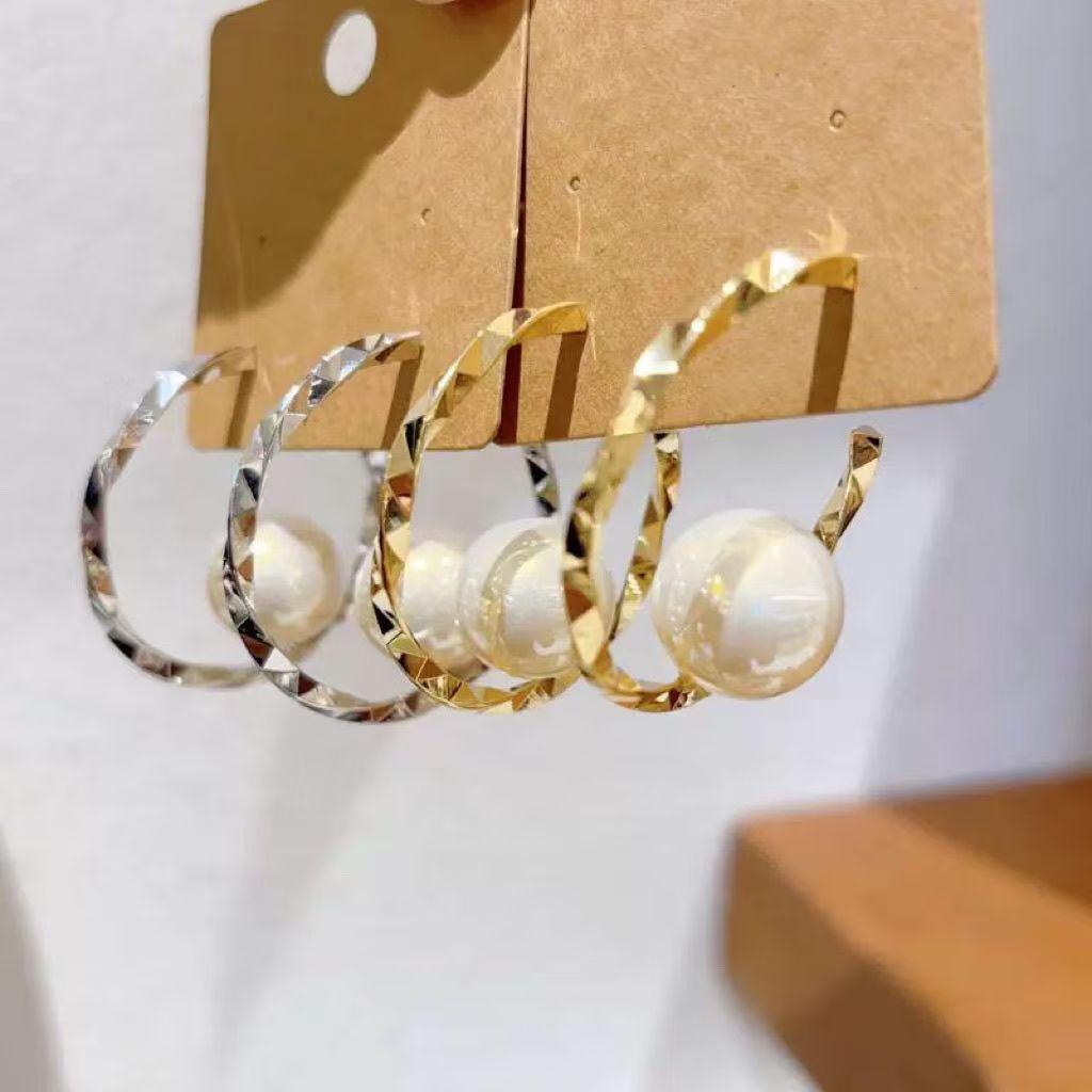 Electroplated Silver C-Shaped Faux Pearl Earrings - French Retro Light Luxury Studs for Women
