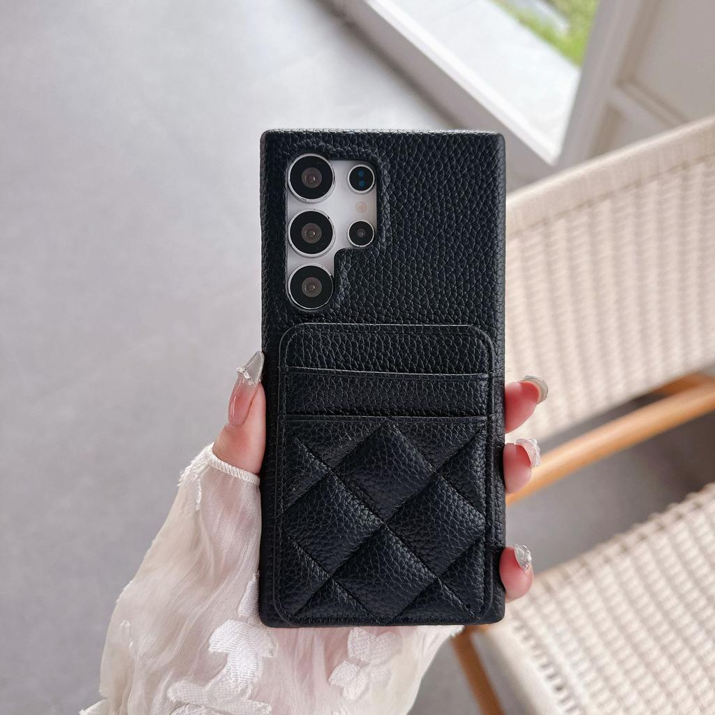 Half Pack Lambskin Leather Mobile Phone Case for Samsung S25 Plus Small Fragrance Rhombus S22 S23 S24 Ultra Hard Shell Card Bag