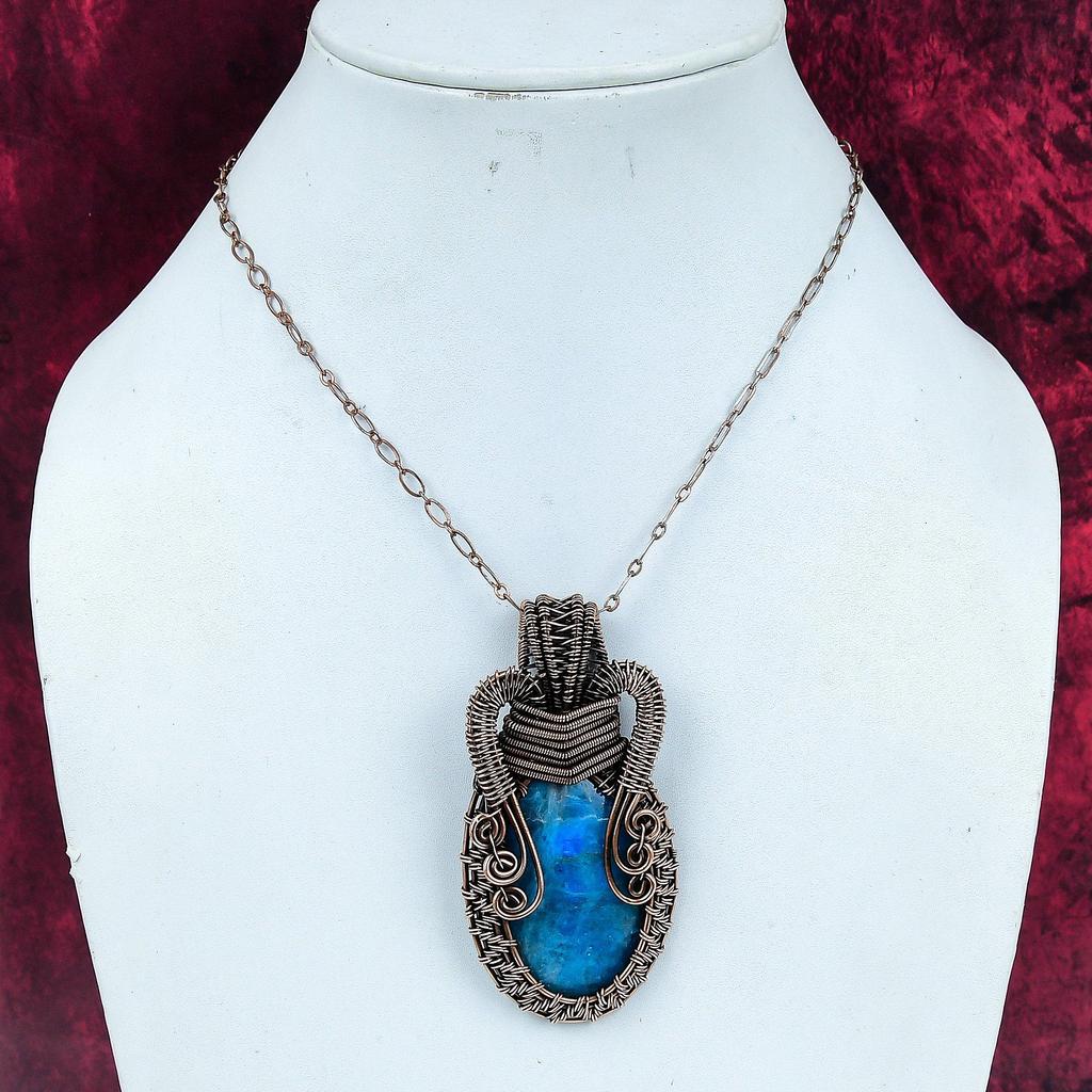 Neon Apatite Pendant Handmade Real Gemstone Pendant Copper Wire Wrapped Jewelry