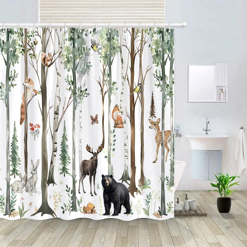 Winter Forest Animals Shower Curtain Black Bear Fox Deer Squirrel Rabbit Watercolour Art Scenery Bath Curtain Set Bathroom Decor