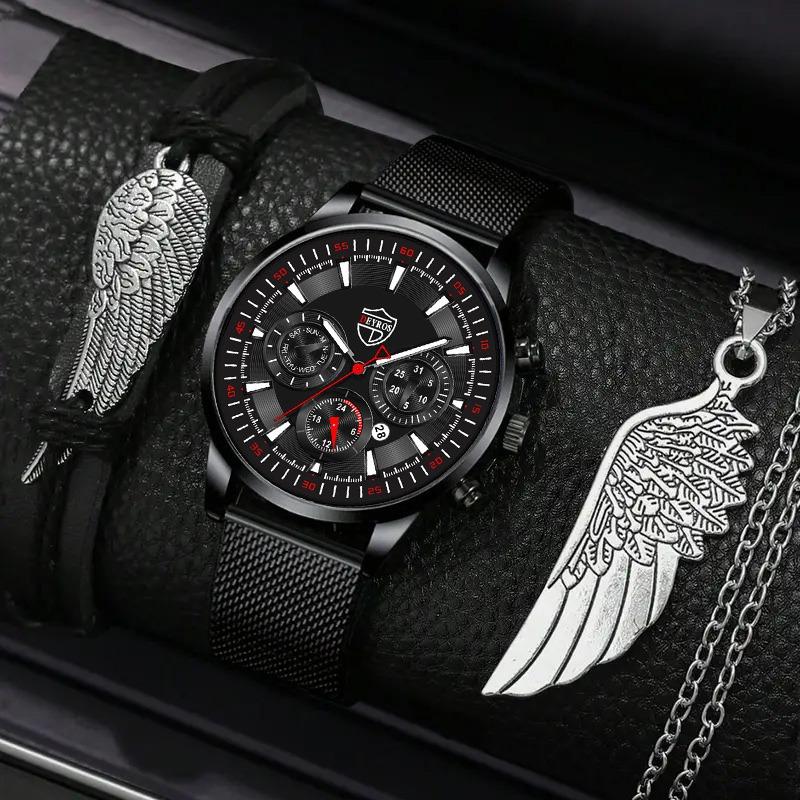 

Модные мужские часы с календарем, повседневные мужские часы из нержавеющей стали с сетчатым ремешком, мужские кварцевые наручные часы, браслет и ожерелье чёрный