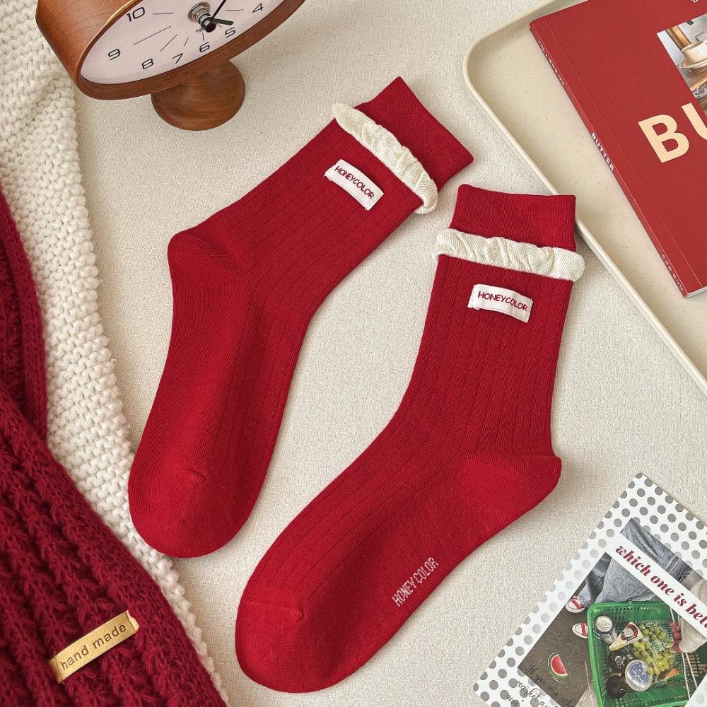 

Cotton Snow Boot Socks Knitted Middle Tube Socks Trendy Female Elastic Striped Socks New Year Gift 1