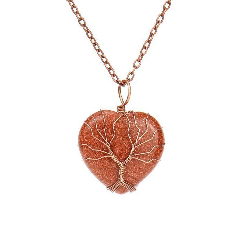 Ancient Red Copper Hand-Wound Peach Heart Natural Stone Heart-Shaped Powder Crystal Tree Of Life Necklace N519