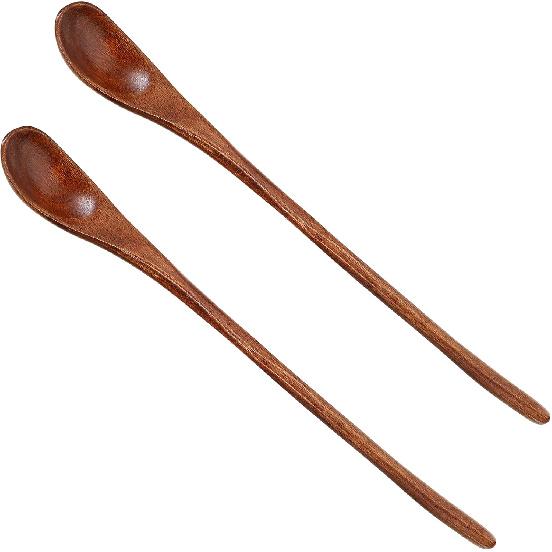 Sibba 2Pcs Wooden Long Tea Spoons Honey Spoon Long Handle Stirring Spoon 9” Long Teak Spoon Cocktail Stirrer Spoons Swizzle Mixing Spoons Tableware