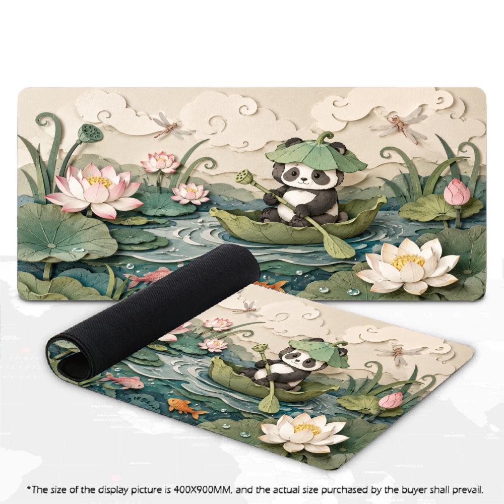 Large XXL Computer Deskpad Lovely Panda Lotus Koi Fish Painting Design Rubber Anti-slip Gaming Keyboard Mouse Mats For Desktop