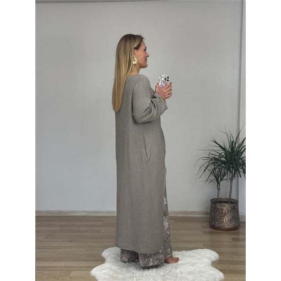Women's 2-piece set solid color long sleeve round neck irregular top printed wide-leg pants