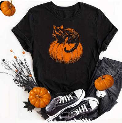 Halloween Vintage Cat Tee Unisex Cotton Shirt Spooky Fall Fashion Pumpkin Top