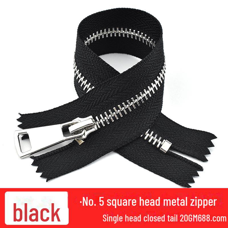 12-100cm Black Metal Copper Zipper No. 5, Double-Ended with Silver Teeth for Leather Jackets