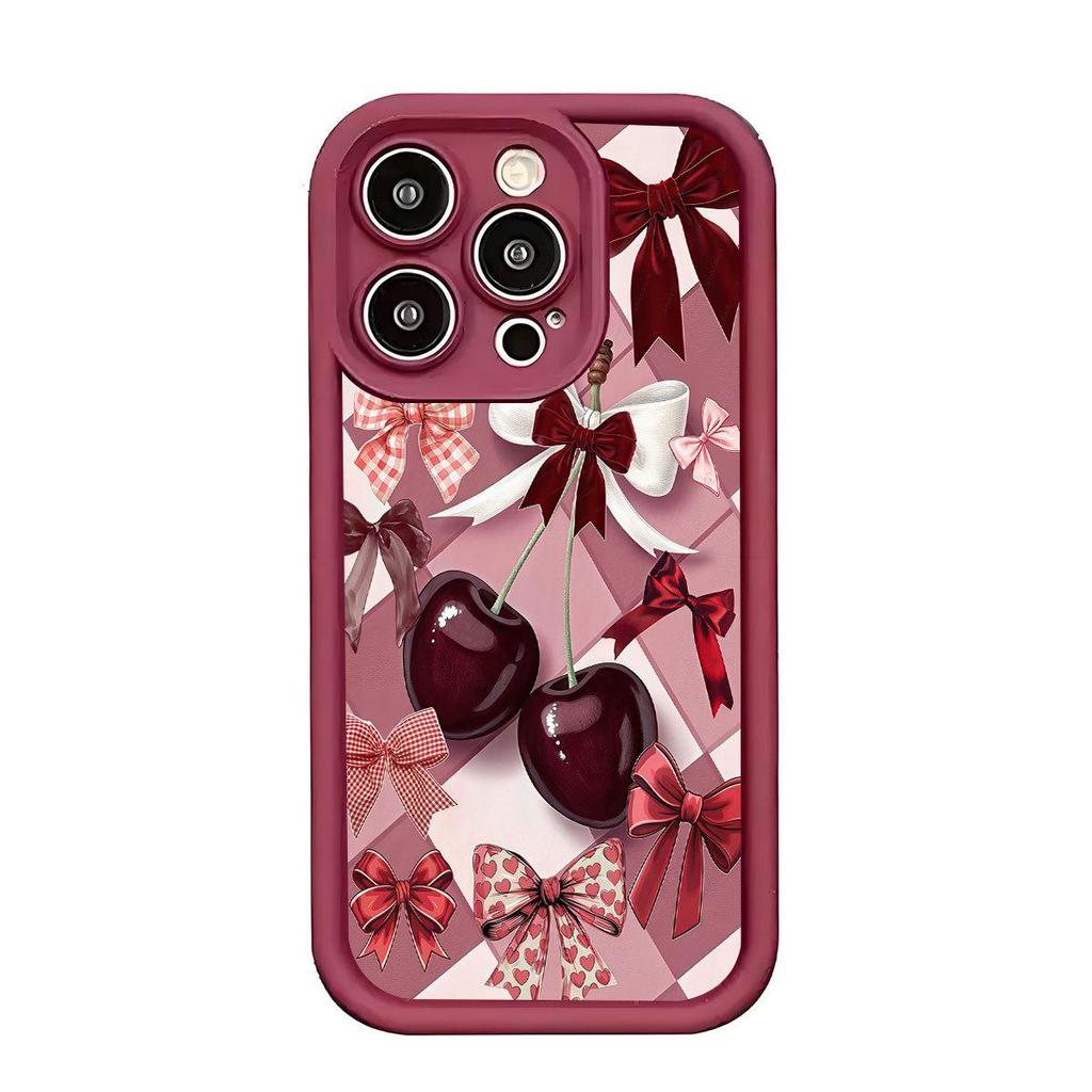 Cherry Bowknot Diamond iPhone 15/16/17 Case - Red Wine Groove Pattern