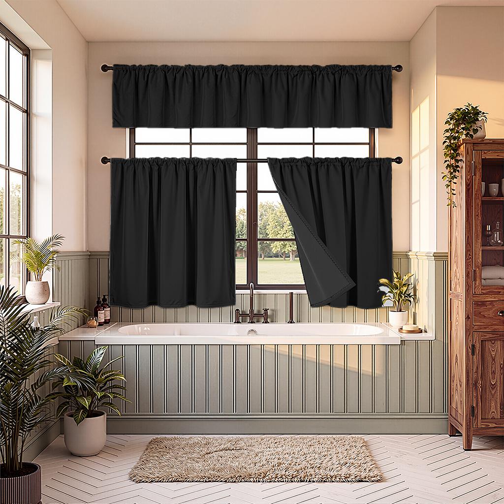 3 Piece Blackout Kitchen Curtain Set With Valance And Tier Curtains Rod Pocket Polyester Privacy Protection Soft Washable
