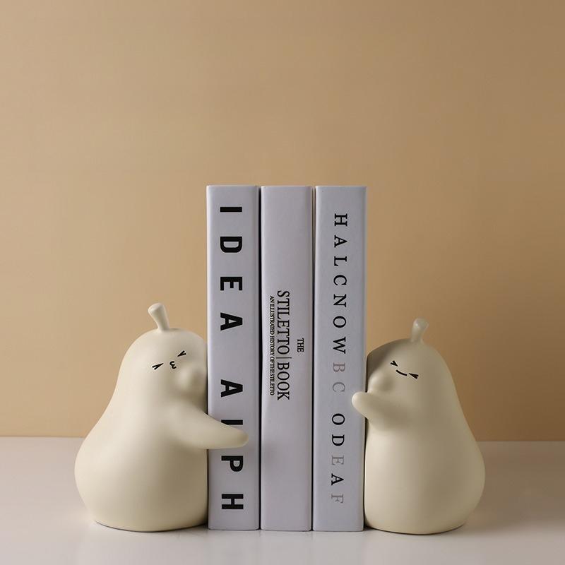 Set of 2 Cute Hugging Pear Ceramic Bookends, Heavy Duty Book Stopper for Home Office Desk Decor, Aesthetic Room Ornament , Gift