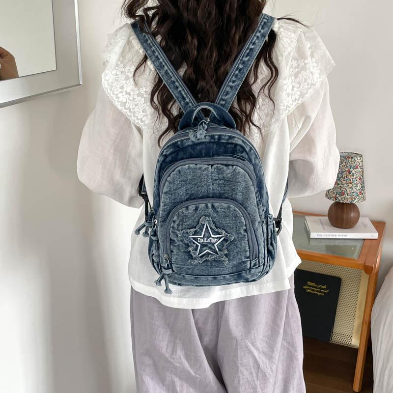 Bolso de Pecho de Mezclilla Gran Capacidad Bolso Cruzado para Mujer Viajero Múltiples Compartimentos Mochila de Estrella de Cinco Puntas