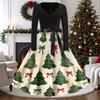 Women's Casual Vintage V-Neck Long Sleeve Dress with Christmas Print for Holiday Party