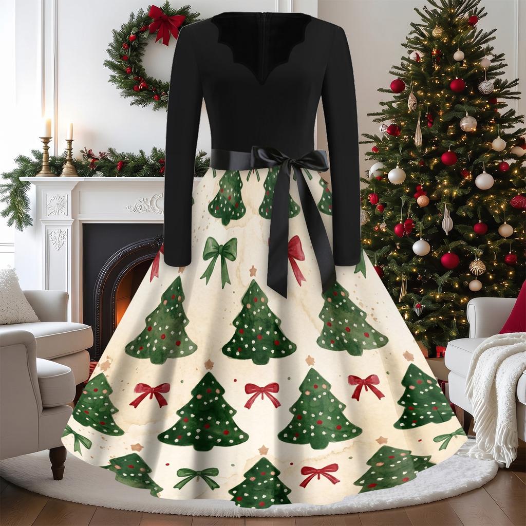 Women's Casual Vintage V-Neck Long Sleeve Dress with Christmas Print for Holiday Party