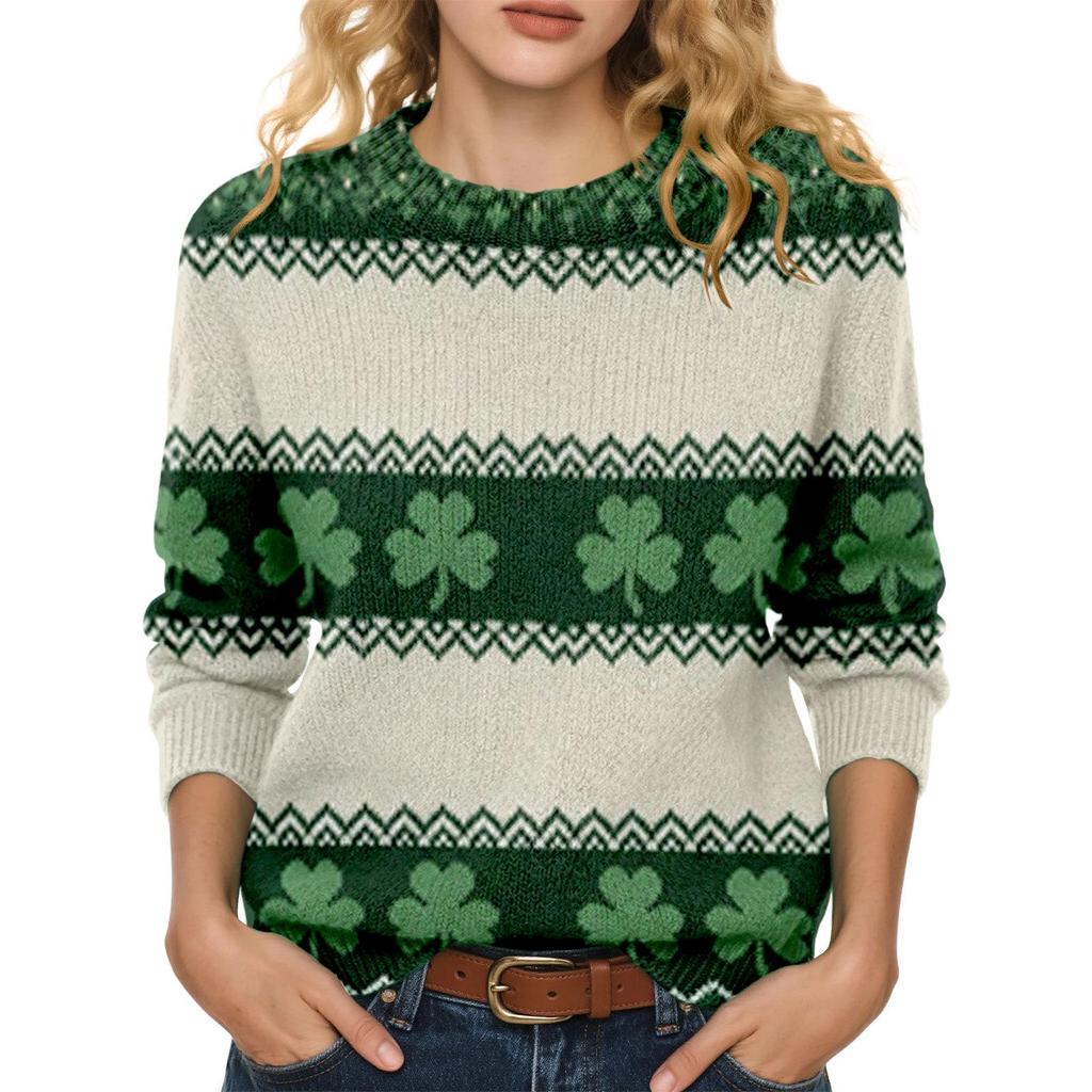 LXF-YT52 Saint Patrick's Day Fair Isle Pullover Sweater - Long Sleeve, Spring and Autumn Fashion.