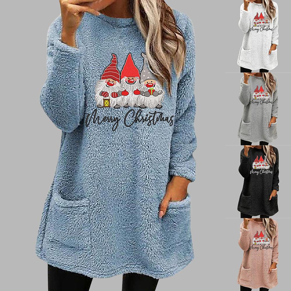 

Женские флисовые карманные туники, свитера с длинными рукавами, повседневные свободные топы на Рождество