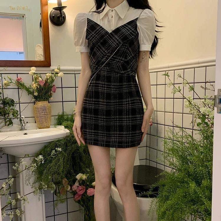 Dress women's summer new Korean version niche design sense advanced sense slim and thin fake two-piece skirt tide