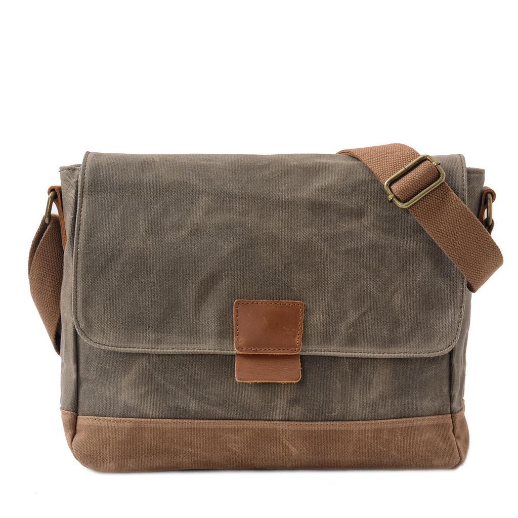 Waxed Canvas Patchwork Crossbody Bag - Top Grain Cowhide, Waterproof, Retro, Casual Men's Shoulder Bag