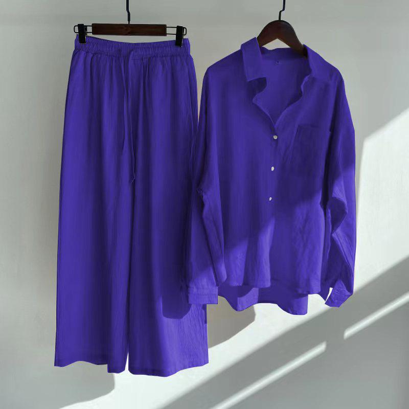 Women's Retro Two-Piece: Loose Shirt & High Waist Wide Leg Pants Suit
