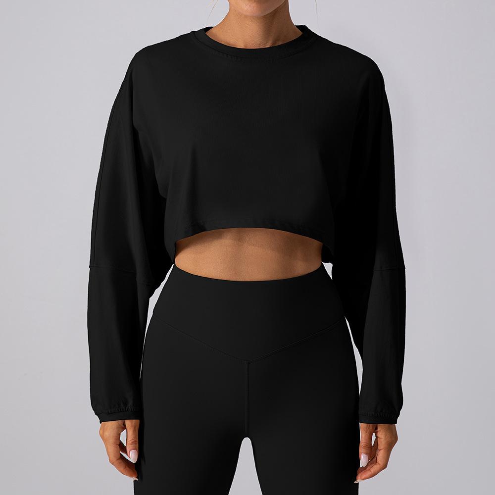 Women's Crew Neck Long Sleeve Crop Top Loose Fit Athletic T-Shirt Yoga Workout Blouse