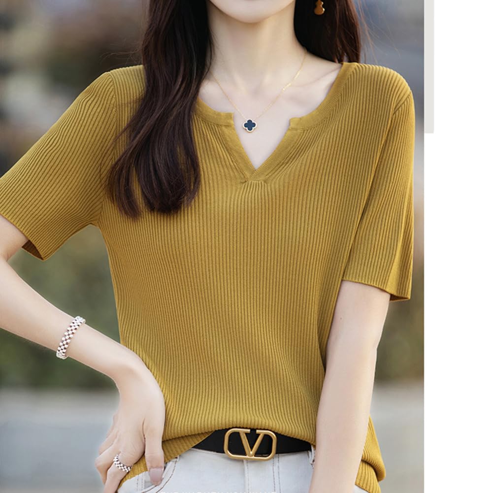 Knit Summer Short Cool to the Cut and Everyday Summer [Yino] Women's Sweater, Knit, Ribbed, Sleeve, V-Neck, Top, Stretchy, Touch, Thin, Versatile,