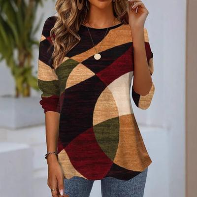 Herbstfarbenes geometrisches Muster Rundhalsausschnitt Langarm-Pullover Bequemes T-Shirt