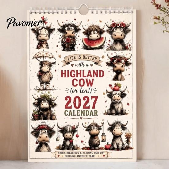 Minimalist Paper Calendar Highland Cow Wall 2027, Cute Hanging Planner for Home Office, Rustic Farmhouse Desk Decor, Unique Holiday Gift Lovers