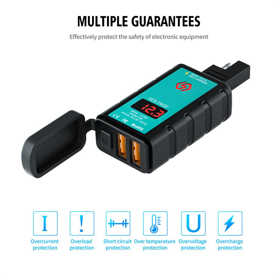 Motorcycle Dual USB Charger QC3.0 Fast Charger with Voltmeter Power Switch Integrated SAE Socket 1.4 M OT Terminal Cable