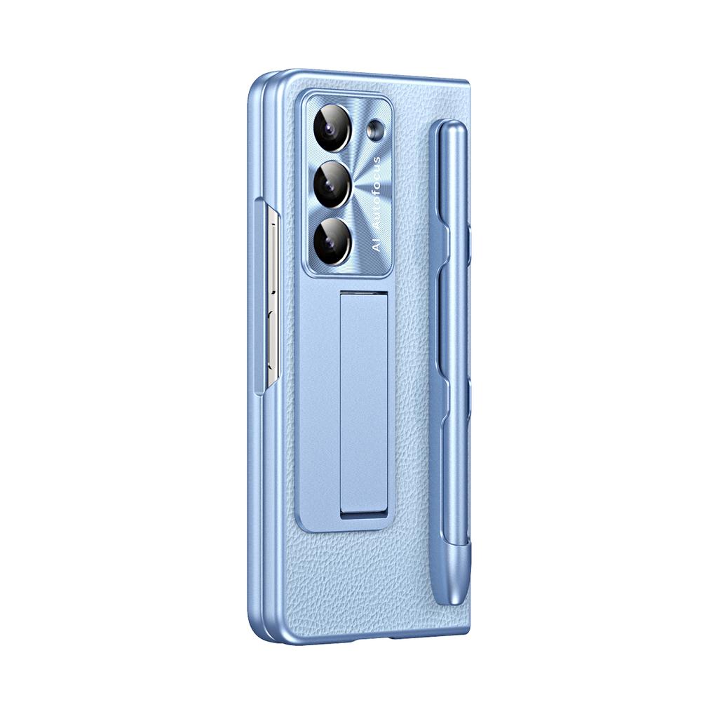 Plating Litchi PU Leather Glass Front Film with Pen Phone Case for Samsung Galaxy Z Fold 7 6 5 4 3 Hinge Protection Cover